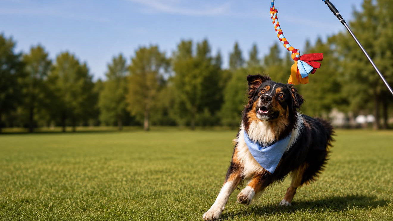 A black, white, and tan dog running across a green grass field under a blue sky, wearing a light blue bandana and looking up at a colorful toy attached to a long blue pole.
