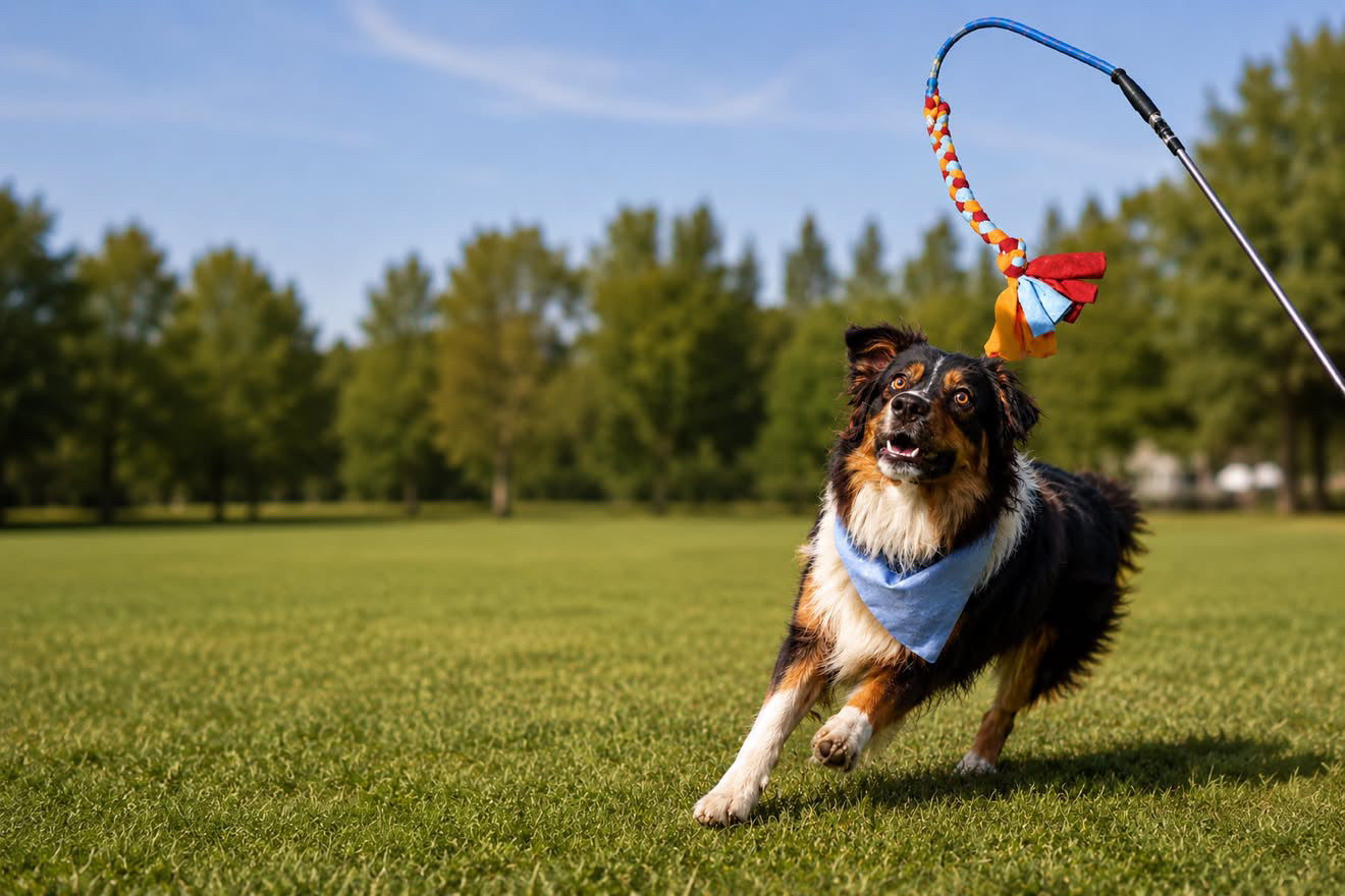 A black, white, and tan dog running across a green grass field under a blue sky, wearing a light blue bandana and looking up at a colorful toy attached to a long blue pole.